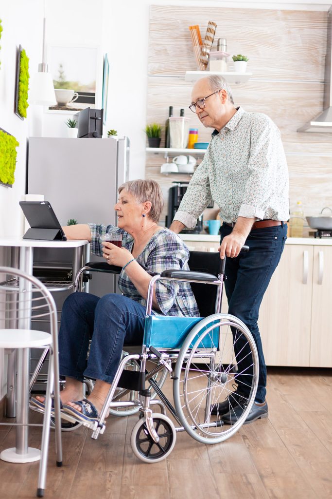 Senior patient uses a tablet for speech therapy
